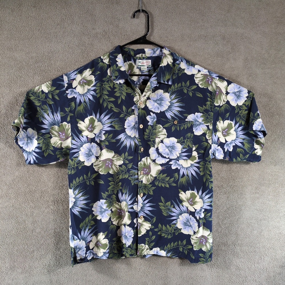Monterey Club Mens Large Silk Cotton Hawaiian Shirt Navy Blue Floral Tropical